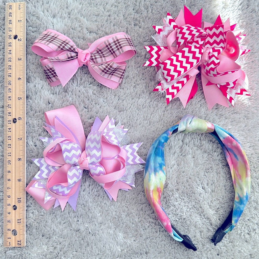 4-Piece Pink and Colorful Bow & Headband Set - Needs Light Cleaning